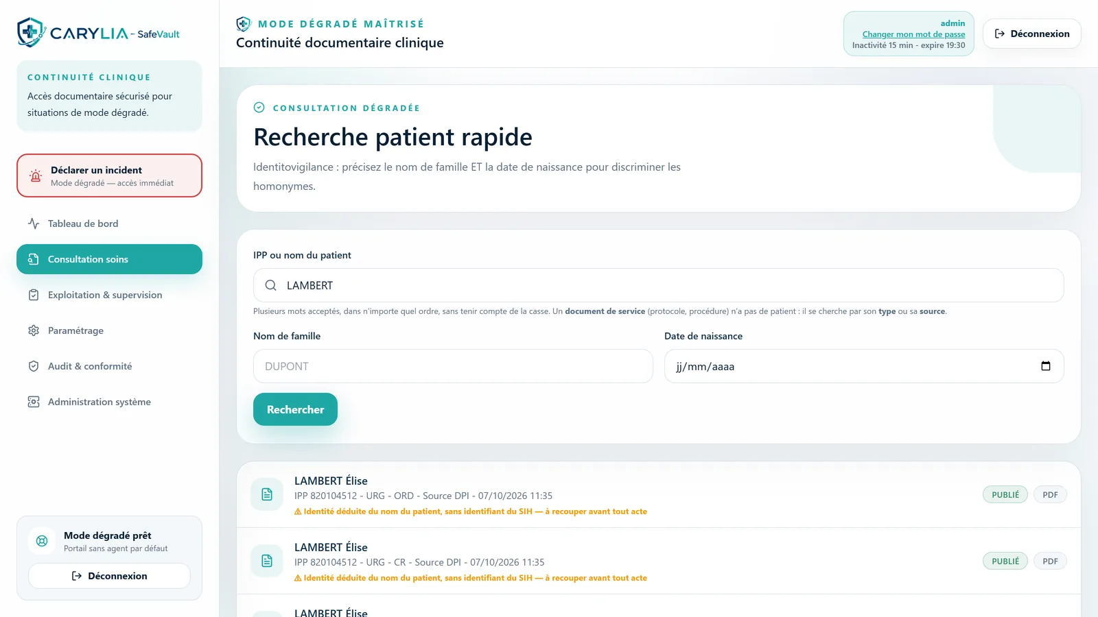 Consultation — Recherche par IPP ou par nom ; l’identitovigilance signale une identité qui ne vient pas d’un identifiant du SIH.
