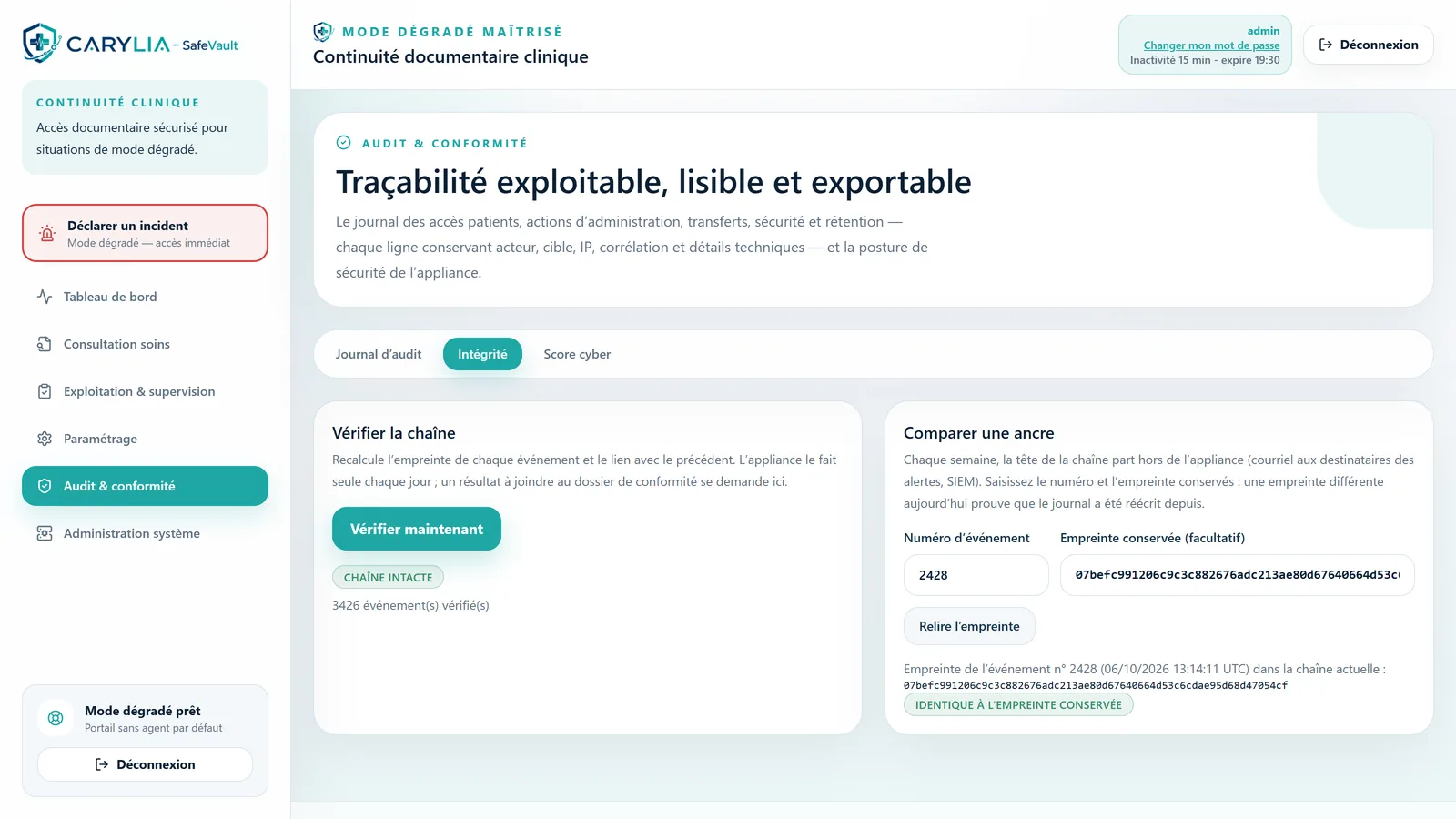 Intégrité du journal — La chaîne d’audit se vérifie depuis la console, et une ancre conservée hors de l’appliance se compare à la chaîne actuelle.