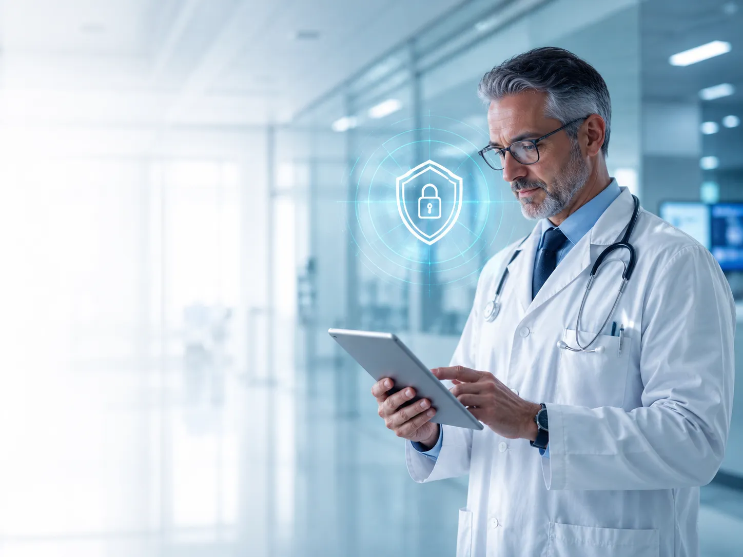 Illustration: a physician reads a document on a tablet in a hospital corridor